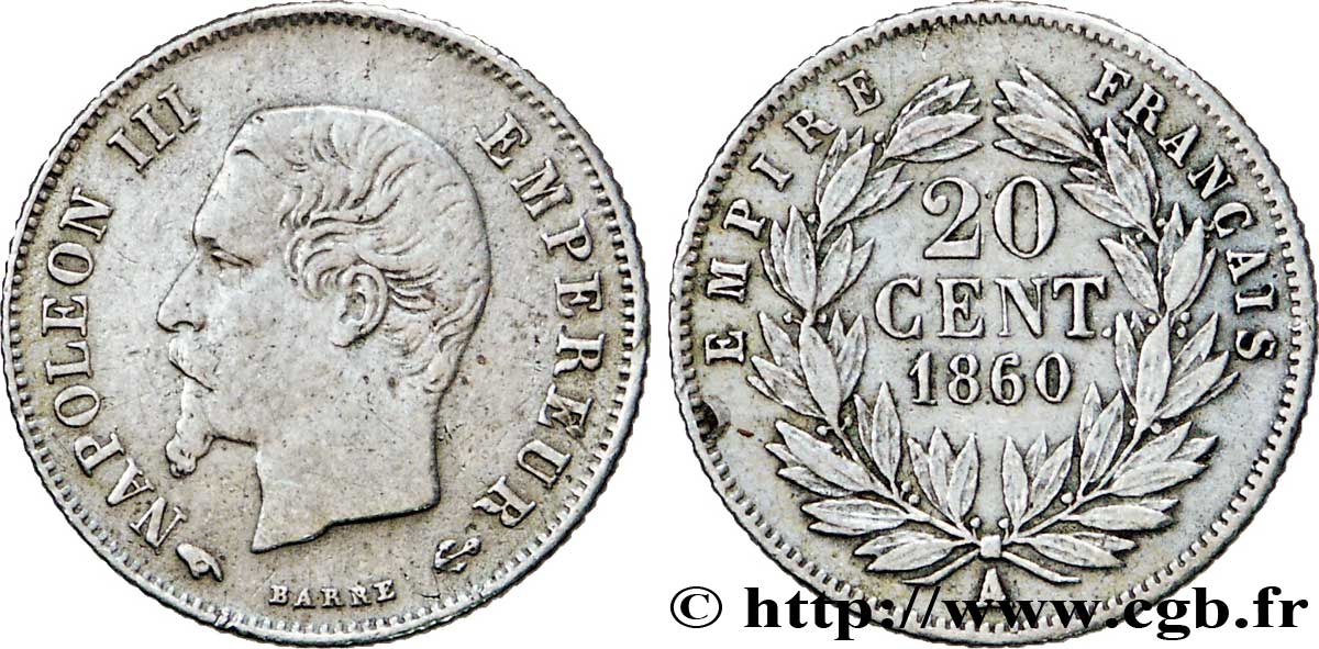 20 centimes Napoléon III, tête nue 1860 Paris F.148/13 SS45 