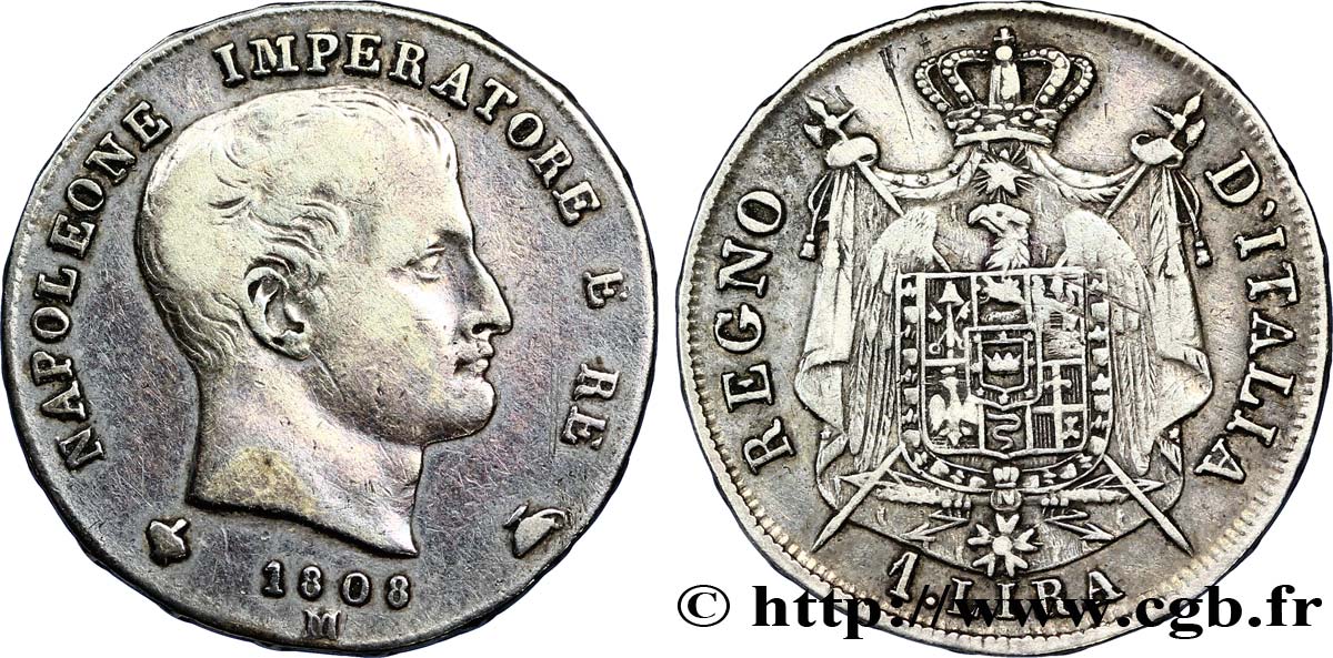 1 lira Napoléon Empereur et Roi d’Italie, étoiles en relief sur la tranche 1808 Milan M.251  SS45 