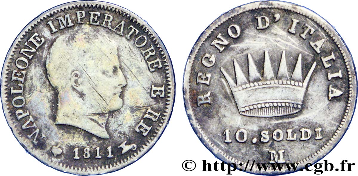 10 soldi Napoléon Empereur et Roi d’Italie 1811 Milan M.273  VF20 