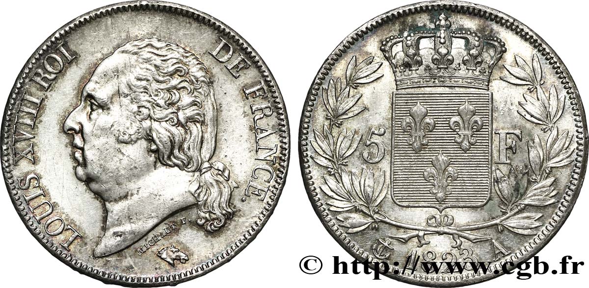 5 francs Louis XVIII, tête nue 1823 Paris F.309/76 SUP55 