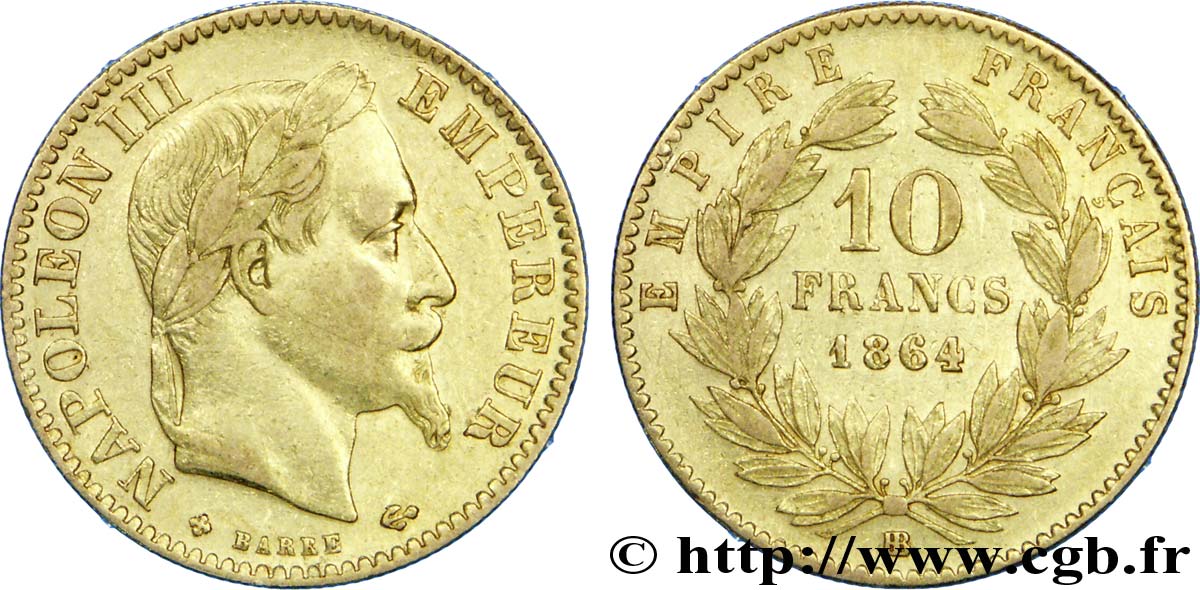 10 francs or Napoléon III, tête laurée 1864 Strasbourg F.507A/7 XF45 