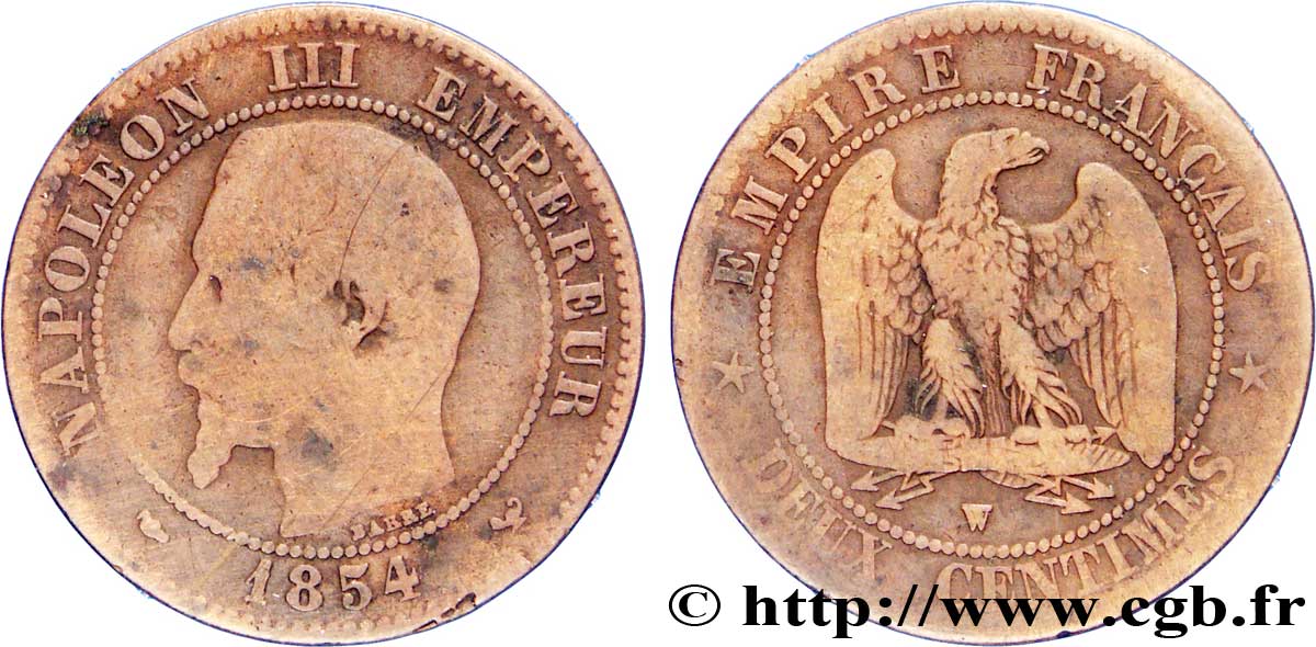 Deux centimes Napoléon III, tête nue 1854 Lille F.107/18 SGE10 