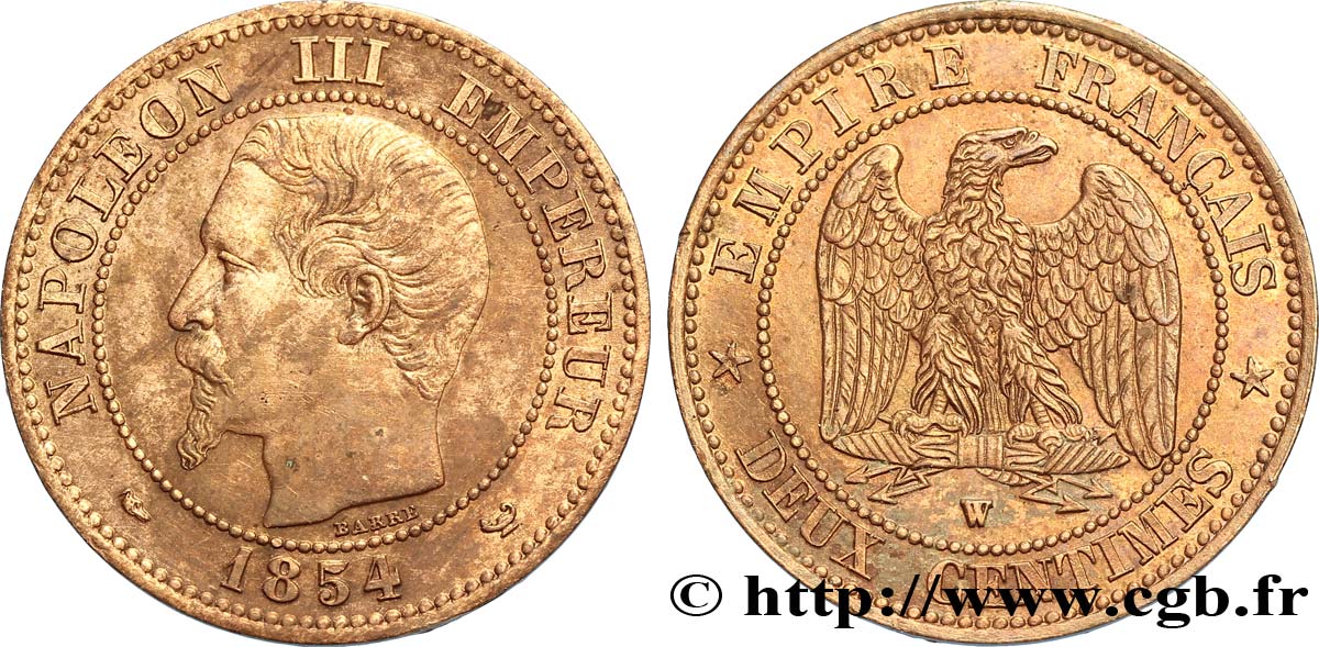 Deux centimes Napoléon III, tête nue 1854 Lille F.107/18 AU59 