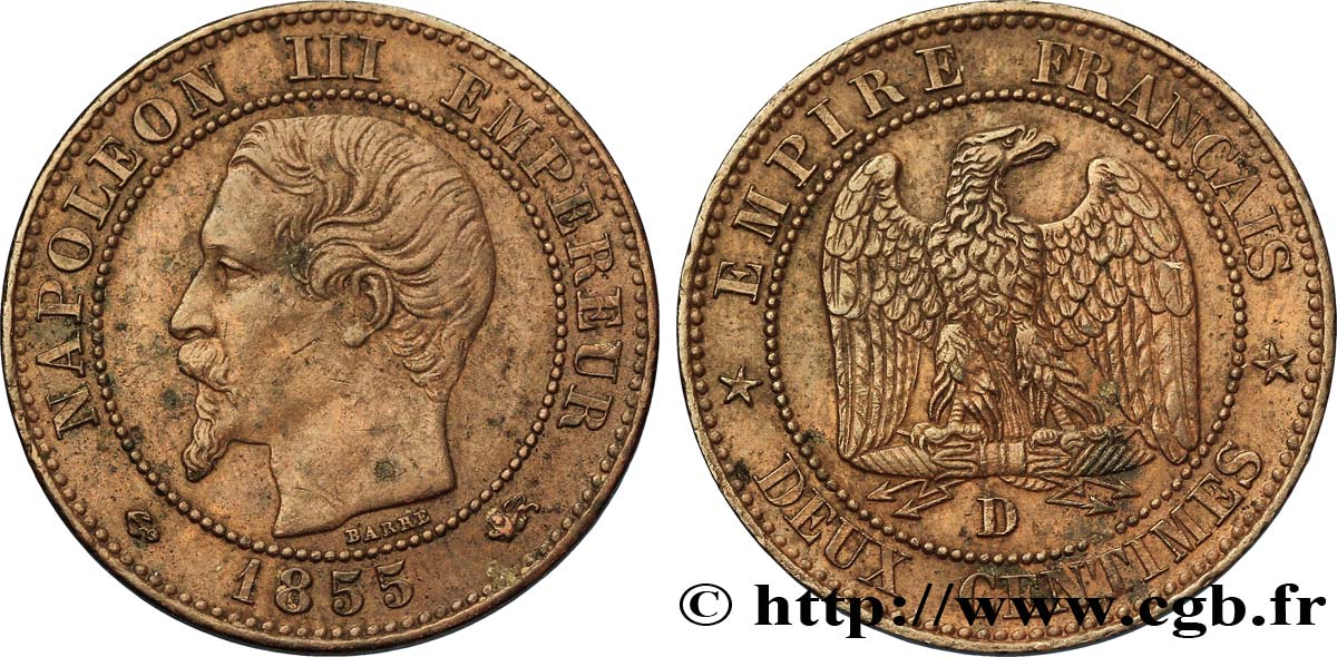 Deux centimes Napoléon III, tête nue 1855 Lyon F.107/27 AU50 