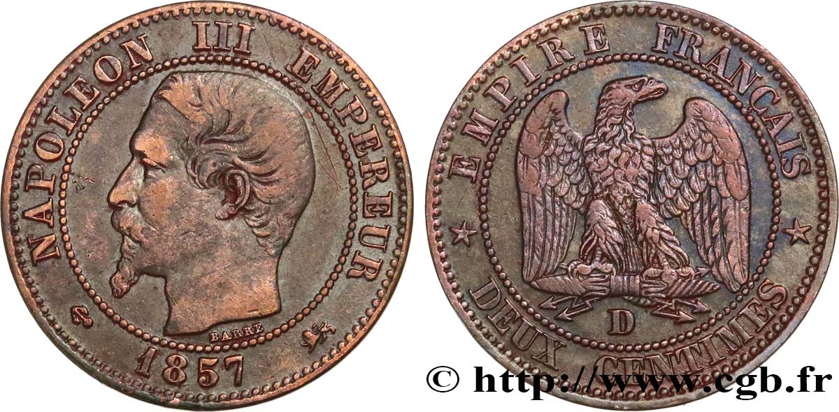 Deux centimes Napoléon III, tête nue 1857 Lyon F.107/47 XF40 