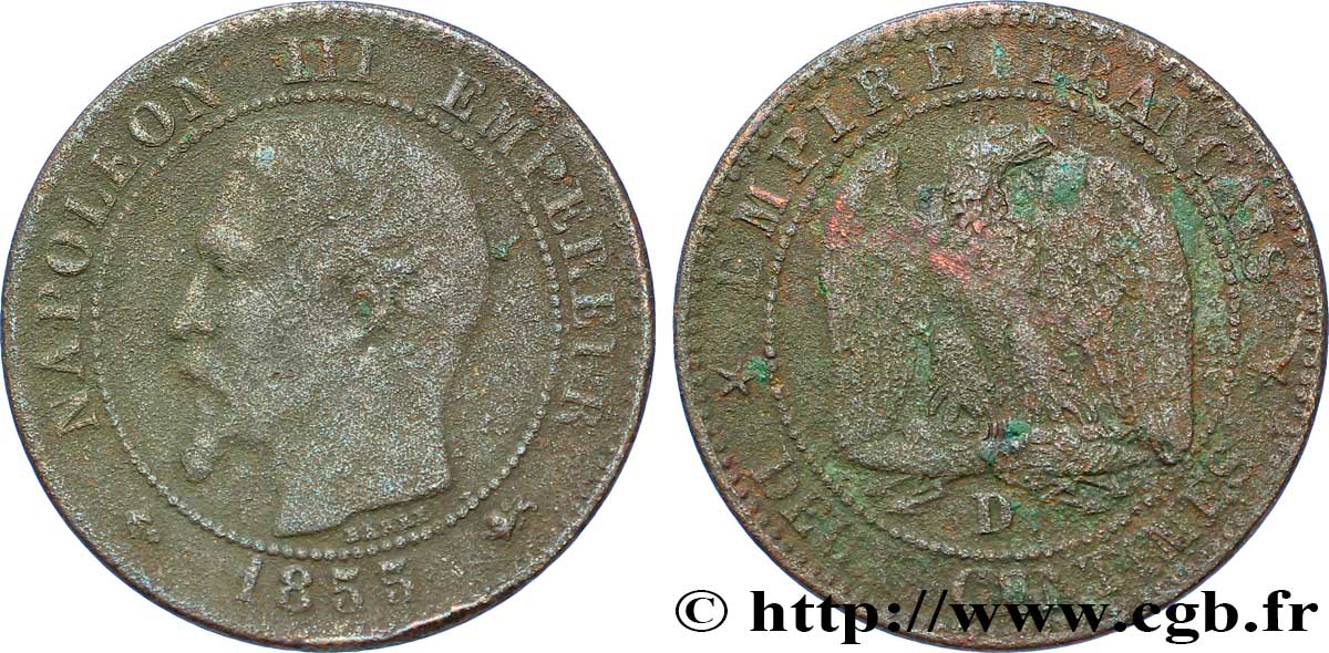 Deux centimes Napoléon III, tête nue 1855 Lyon F.107/31 TB20 