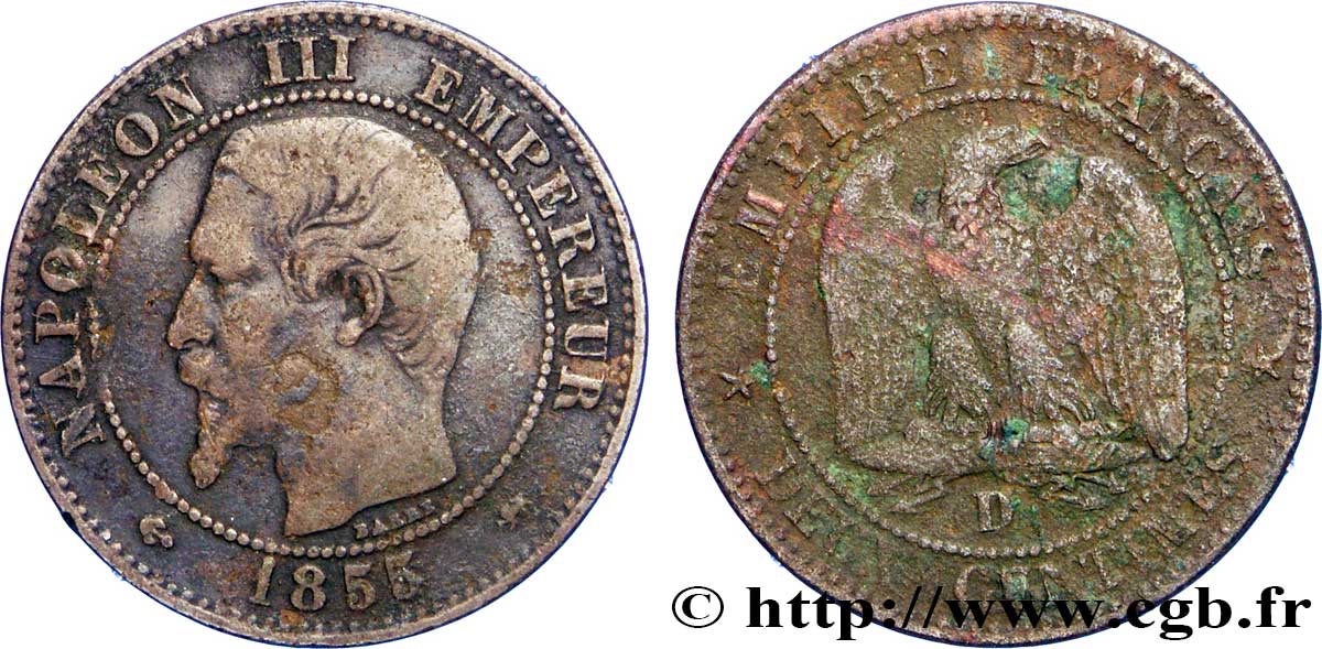 Deux centimes Napoléon III, tête nue 1855 Lyon F.107/28 TB20 