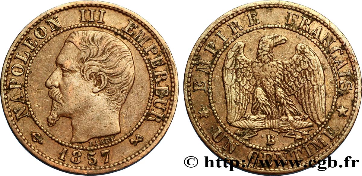 Un centime Napoléon III, tête nue 1857 Rouen F.102/34 TTB48 