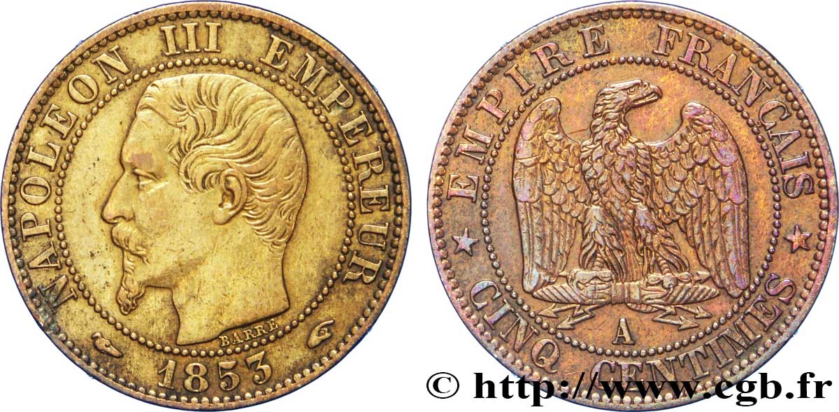 Cinq centimes Napoléon III, tête nue 1853 Paris F.116/1 XF48 