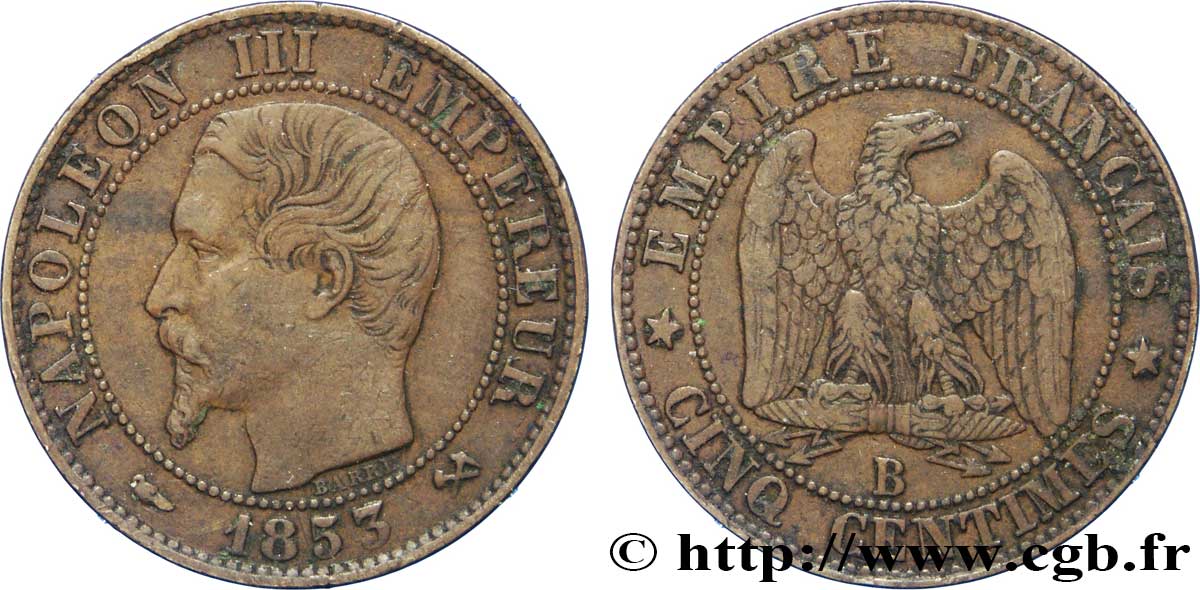 Cinq centimes Napoléon III, tête nue 1853 Rouen F.116/2 BB45 