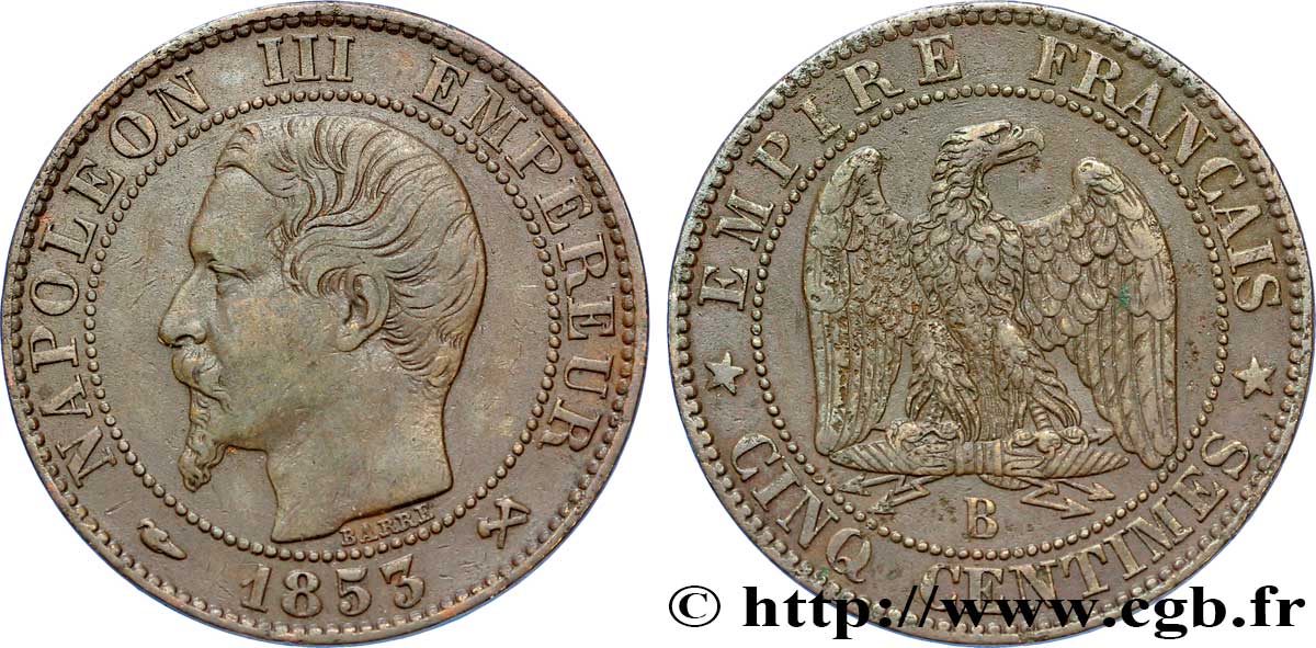 Cinq centimes Napoléon III, tête nue 1853 Rouen F.116/2 TTB48 