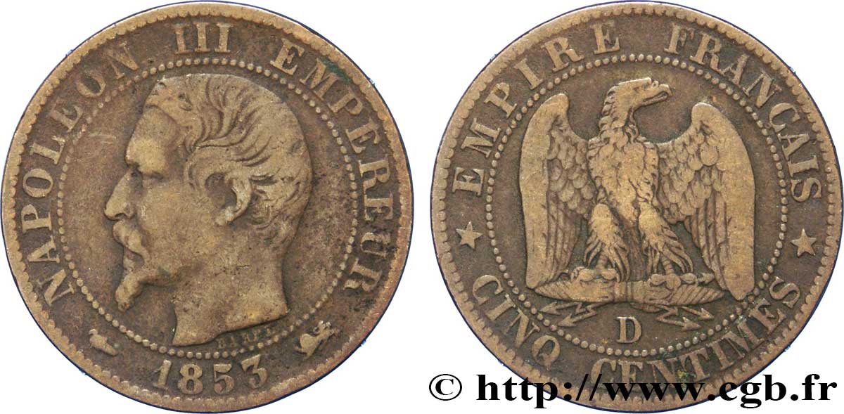 Cinq centimes Napoléon III, tête nue 1853 Lyon F.116/4 VF35 