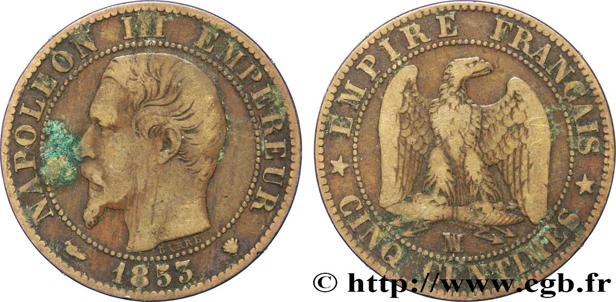 Cinq centimes Napoléon III, tête nue 1853 Marseille F.116/6 TB20 