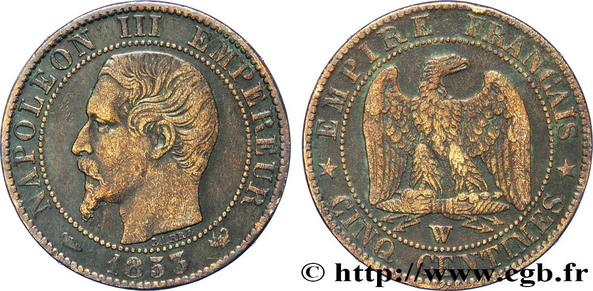 Cinq centimes Napoléon III, tête nue 1853 Lille F.116/7 TB35 