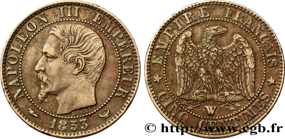 Cinq centimes Napoléon III, tête nue 1853 Lille F.116/7 TTB48 