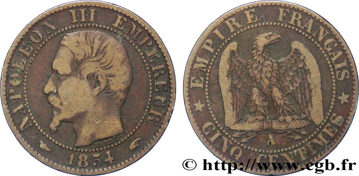 Cinq centimes Napoléon III, tête nue 1854 Paris F.116/8 TB35 