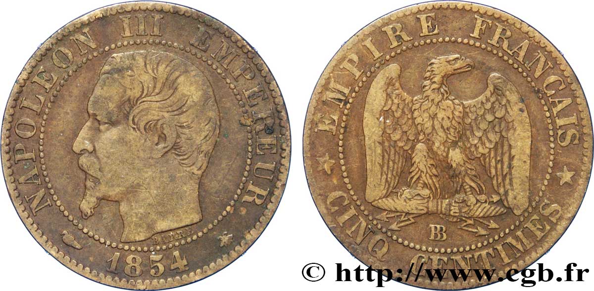 Cinq centimes Napoléon III, tête nue 1854 Strasbourg F.116/10 TB35 