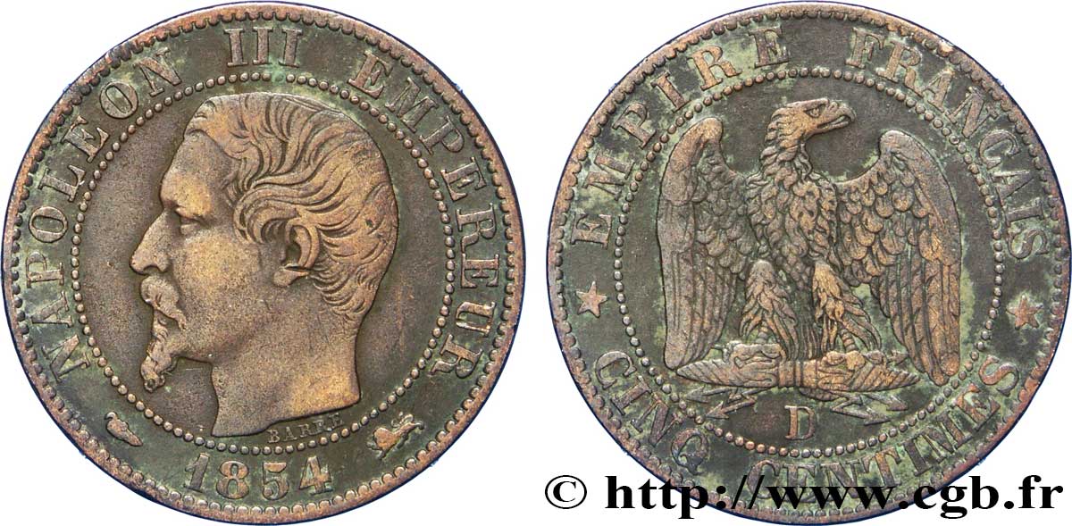 Cinq centimes Napoléon III, tête nue 1854 Lyon F.116/12 MBC45 