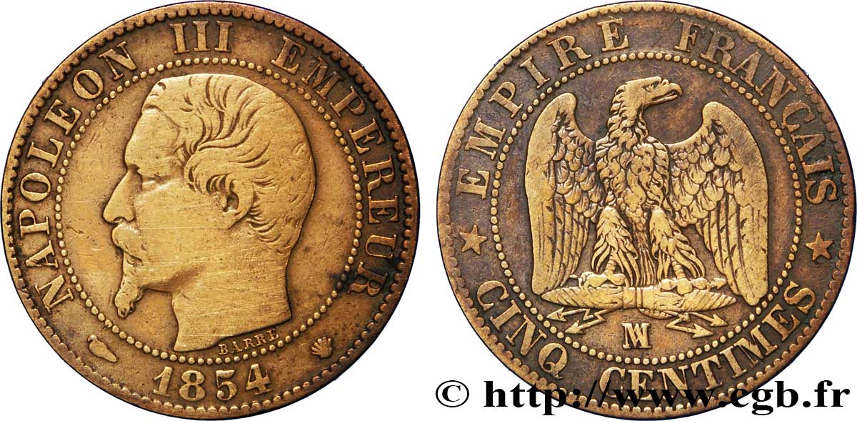 Cinq centimes Napoléon III, tête nue 1854 Marseille F.116/14 VF30 