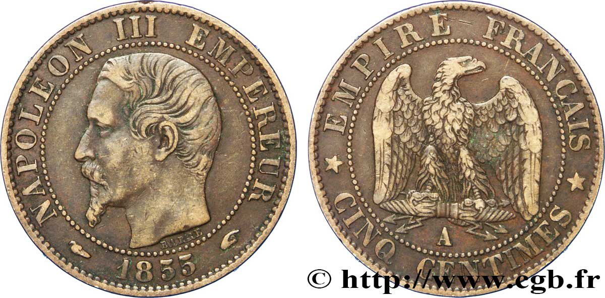 Cinq centimes Napoléon III, tête nue 1855 Paris F.116/16 XF45 
