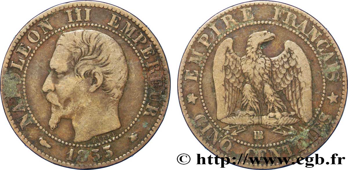 Cinq centimes Napoléon III, tête nue 1855 Strasbourg F.116/20 TB20 