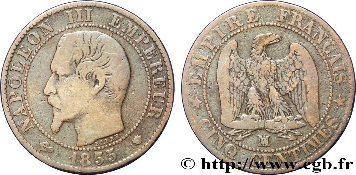 Cinq centimes Napoléon III, tête nue 1855 Marseille F.116/27 MB20 