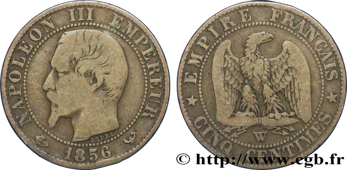 Cinq centimes Napoléon III, tête nue 1856 Lille F.116/36 VF20 