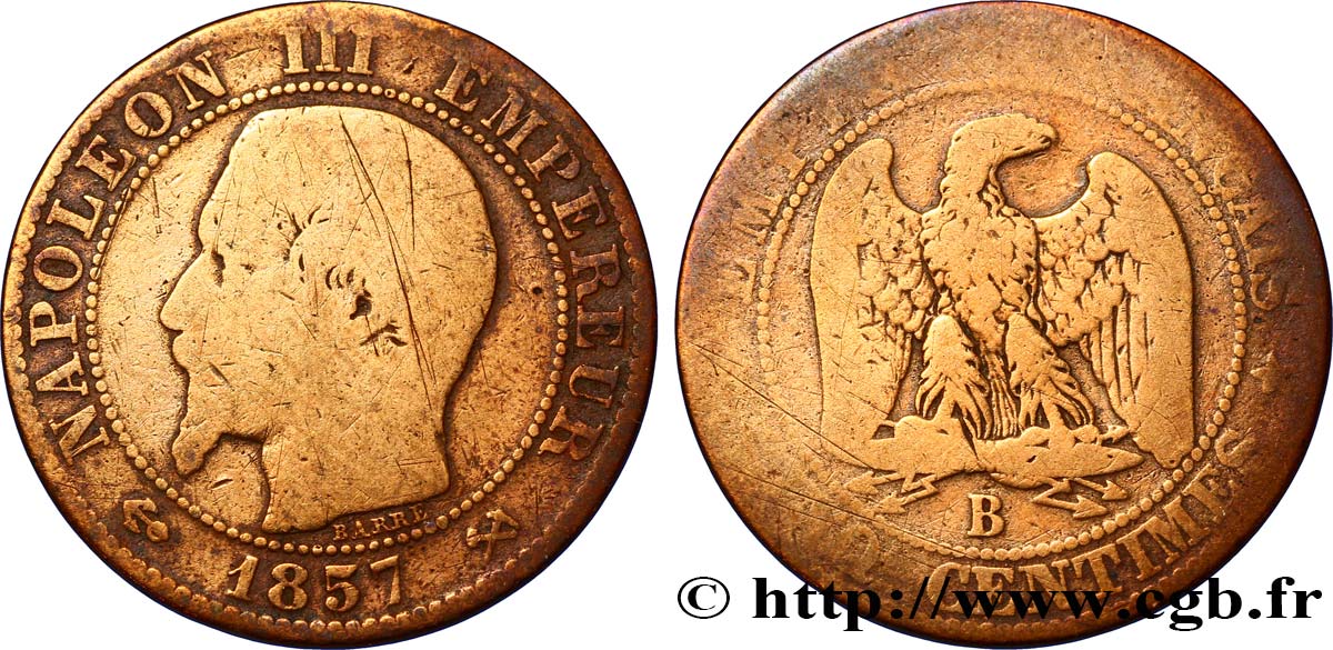 Cinq centimes Napoléon III, tête nue 1857 Rouen F.116/38 G6 
