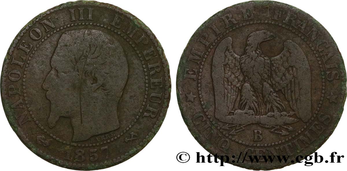Cinq centimes Napoléon III, tête nue 1857 Rouen F.116/38 VG8 