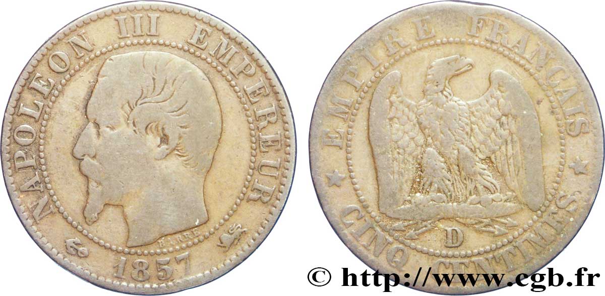 Cinq centimes Napoléon III, tête nue 1857 Lyon F.116/40 B12 