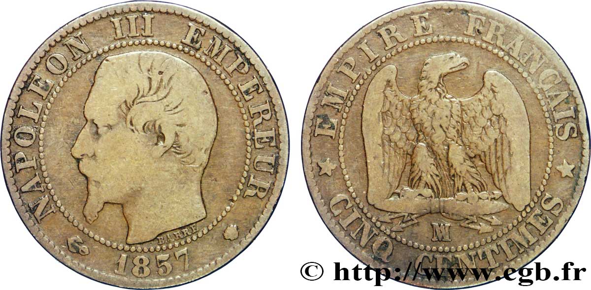 Cinq centimes Napoléon III, tête nue 1857 Marseille F.116/42 TB15 