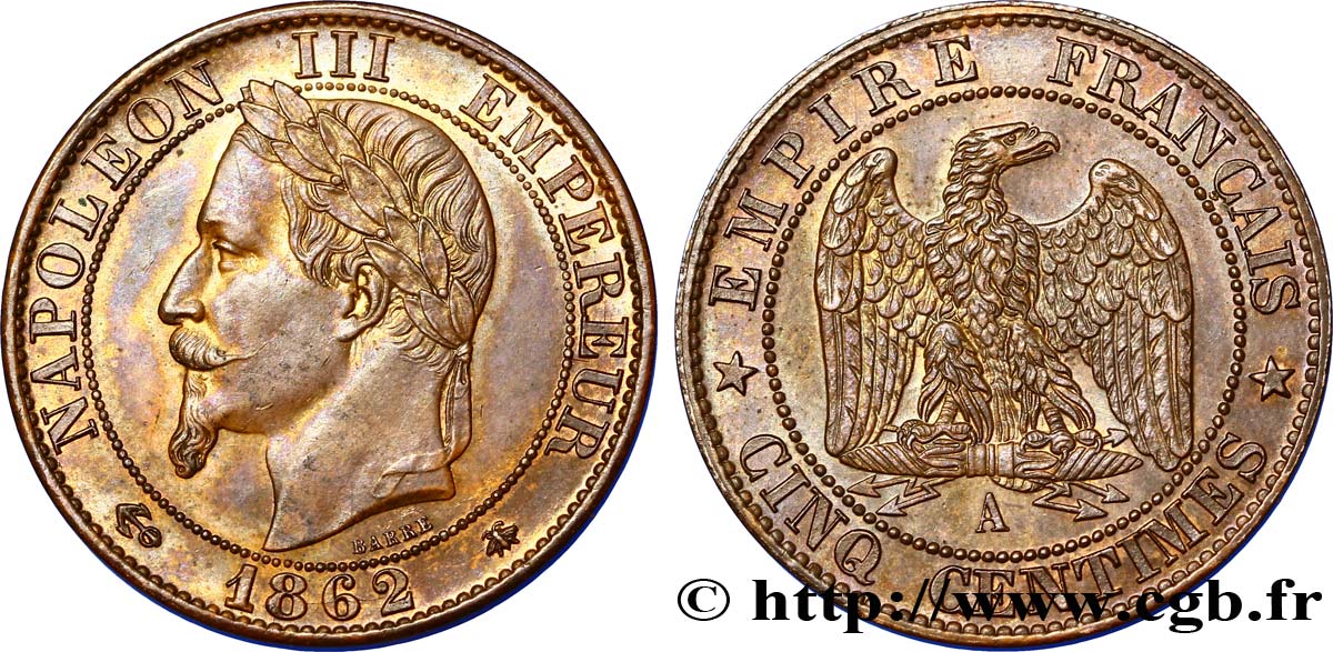 Cinq centimes Napoléon III, tête laurée 1862 Paris F.117/7 SUP60 