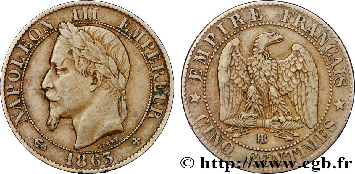 Cinq centimes Napoléon III, tête laurée 1863 Strasbourg F.117/11 TB35 