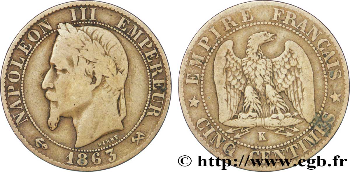 Cinq centimes Napoléon III, tête laurée 1863 Bordeaux F.117/12 TB20 