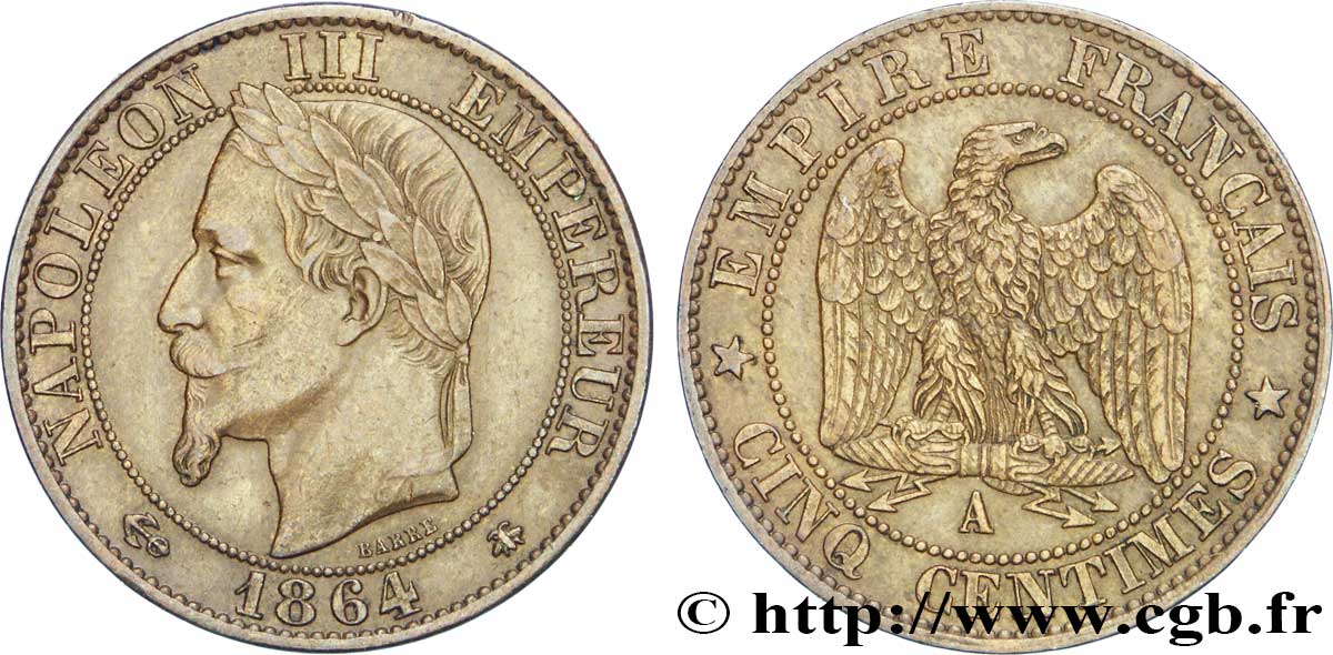 Cinq centimes Napoléon III, tête laurée 1864 Paris F.117/13 TTB48 