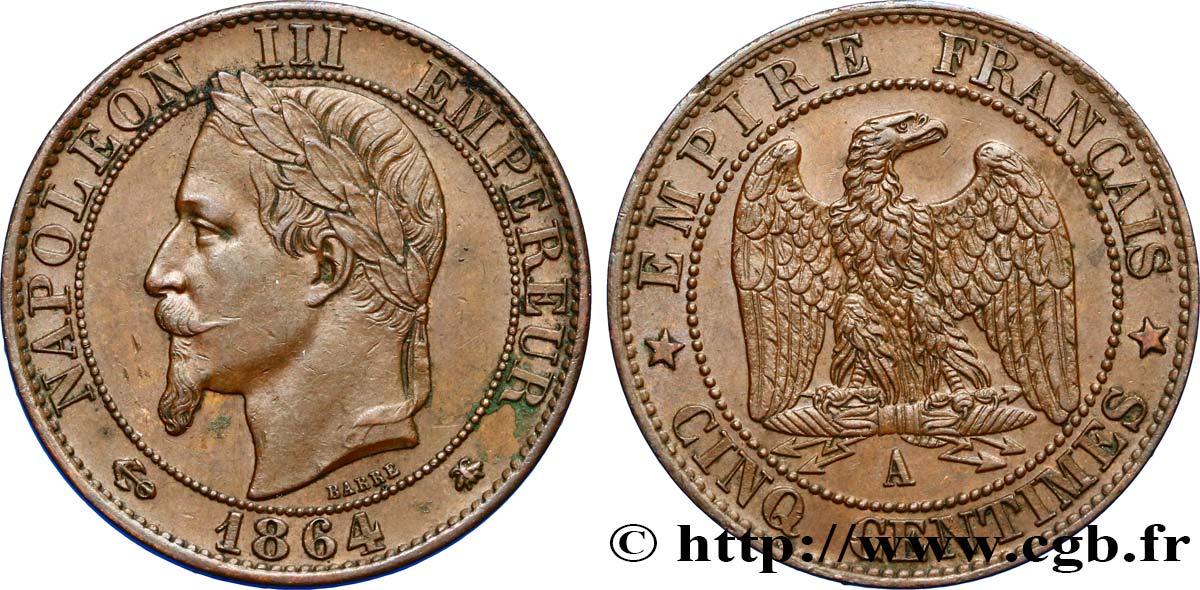 Cinq centimes Napoléon III, tête laurée 1864 Paris F.117/13 TTB50 