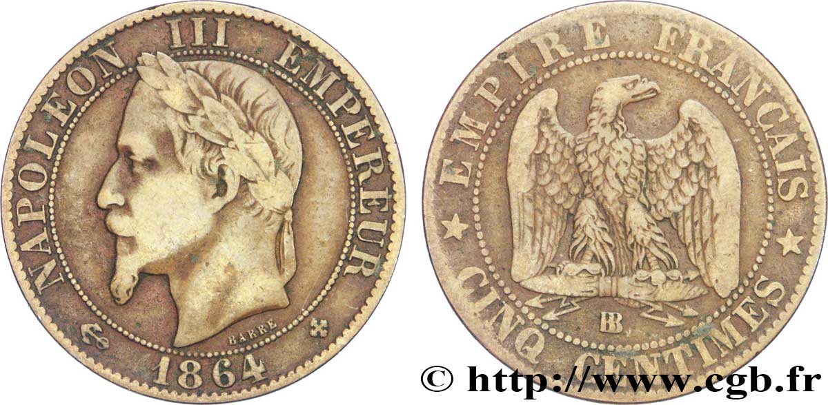 Cinq centimes Napoléon III, tête laurée 1864 Strasbourg F.117/14 BC30 