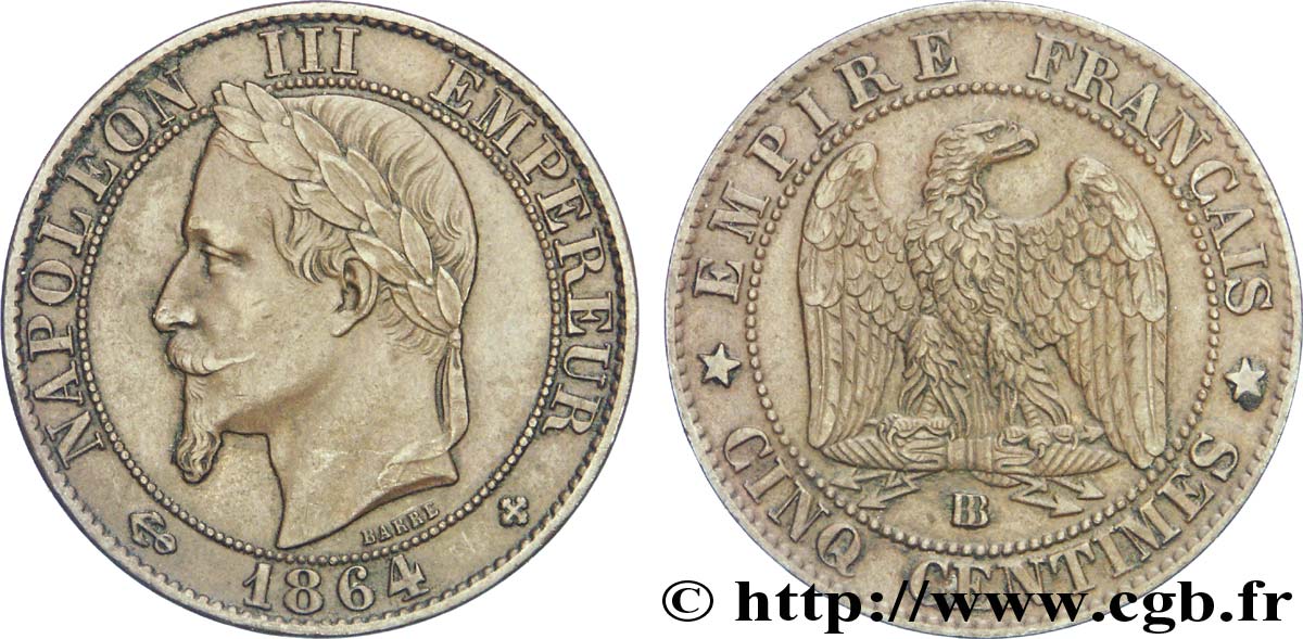 Cinq centimes Napoléon III, tête laurée 1864 Strasbourg F.117/14 MBC50 