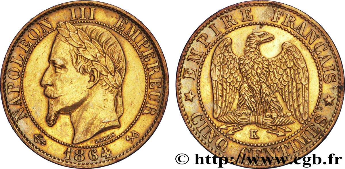 Cinq centimes Napoléon III, tête laurée 1864 Bordeaux F.117/15 TTB48 