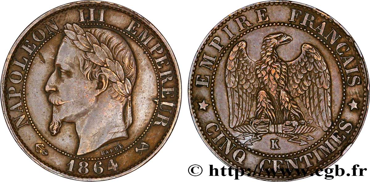 Cinq centimes Napoléon III, tête laurée 1864 Bordeaux F.117/15 TTB54 