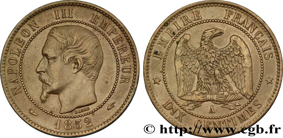 Dix centimes Napoléon III, tête nue 1852 Paris F.133/1 TTB40 