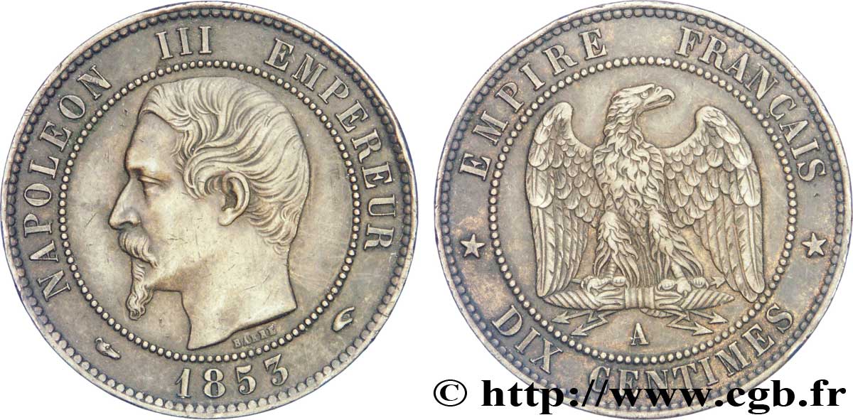 Dix centimes Napoléon III, tête nue 1853 Paris F.133/2 TTB50 