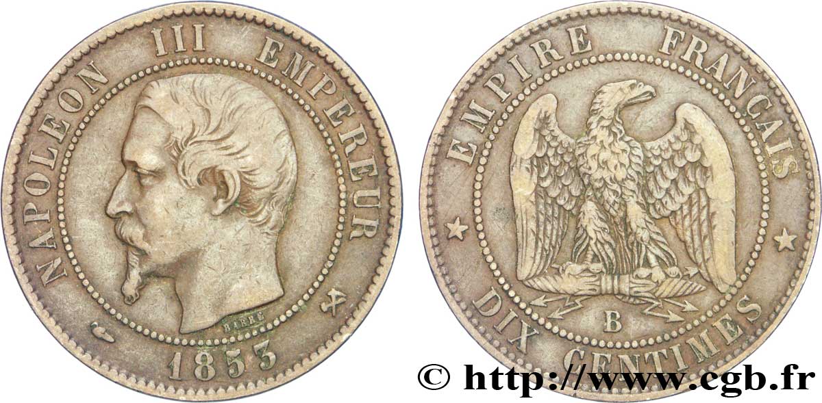 Dix centimes Napoléon III, tête nue 1853 Rouen F.133/3 BB40 