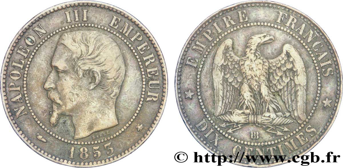 Dix centimes Napoléon III, tête nue 1853 Strasbourg F.133/4 TB30 