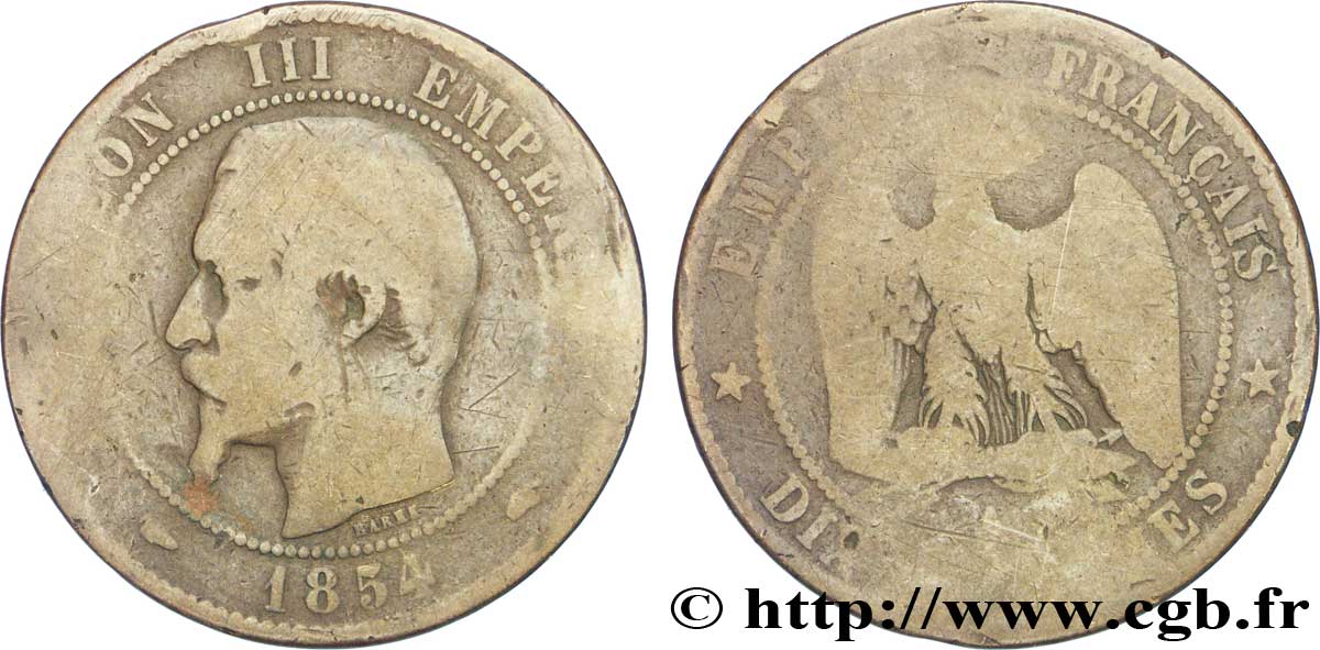 Dix centimes Napoléon III, tête nue 1854 Paris F.133/11 B6 