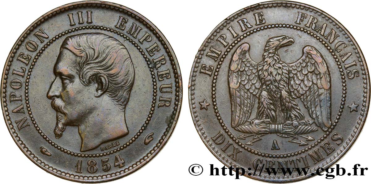 Dix centimes Napoléon III, tête nue 1854 Paris F.133/11 TTB48 