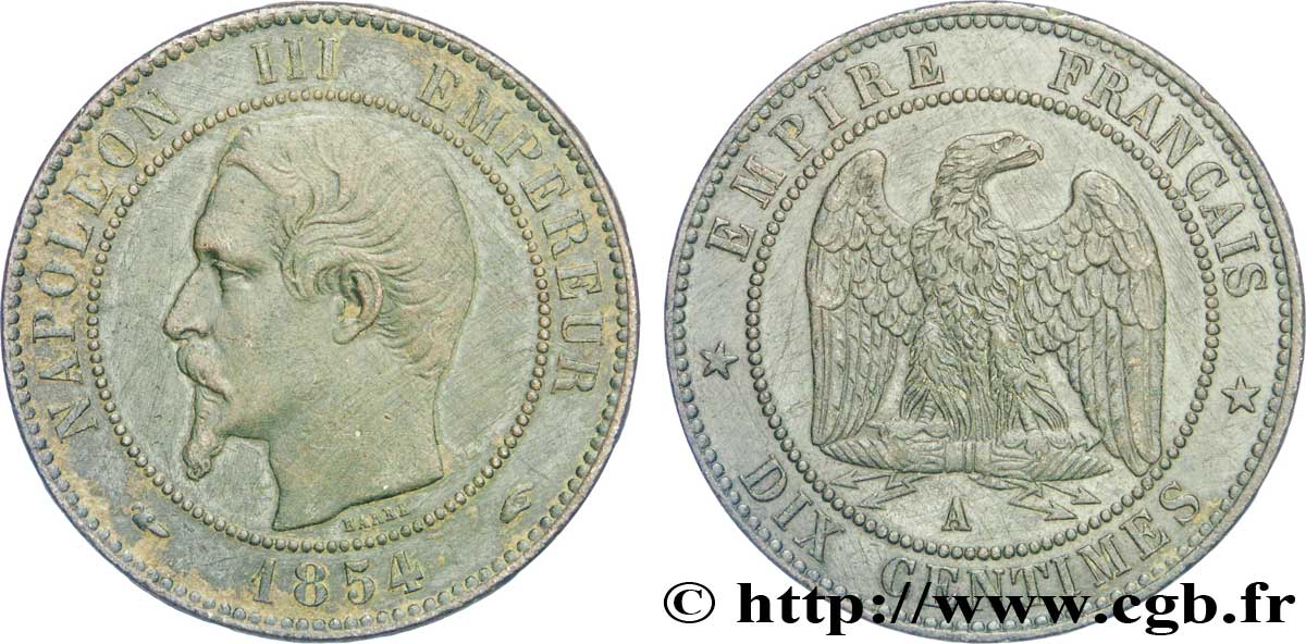Dix centimes Napoléon III, tête nue 1854 Paris F.133/11 TTB45 