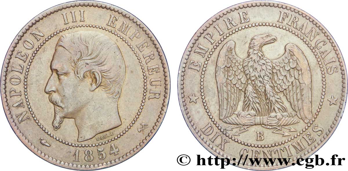 Dix centimes Napoléon III, tête nue 1854 Rouen F.133/12 XF40 