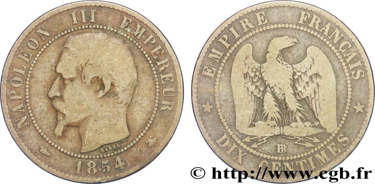 Dix centimes Napoléon III, tête nue 1854 Strasbourg F.133/14 B12 