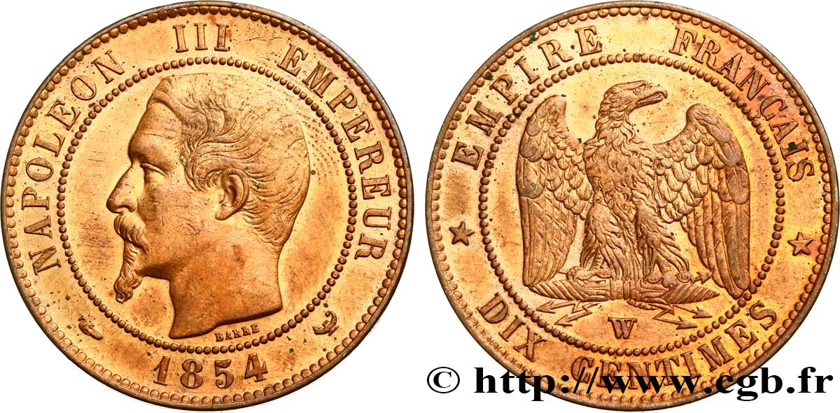 Dix centimes Napoléon III, tête nue 1854 Lille F.133/18 SUP55 